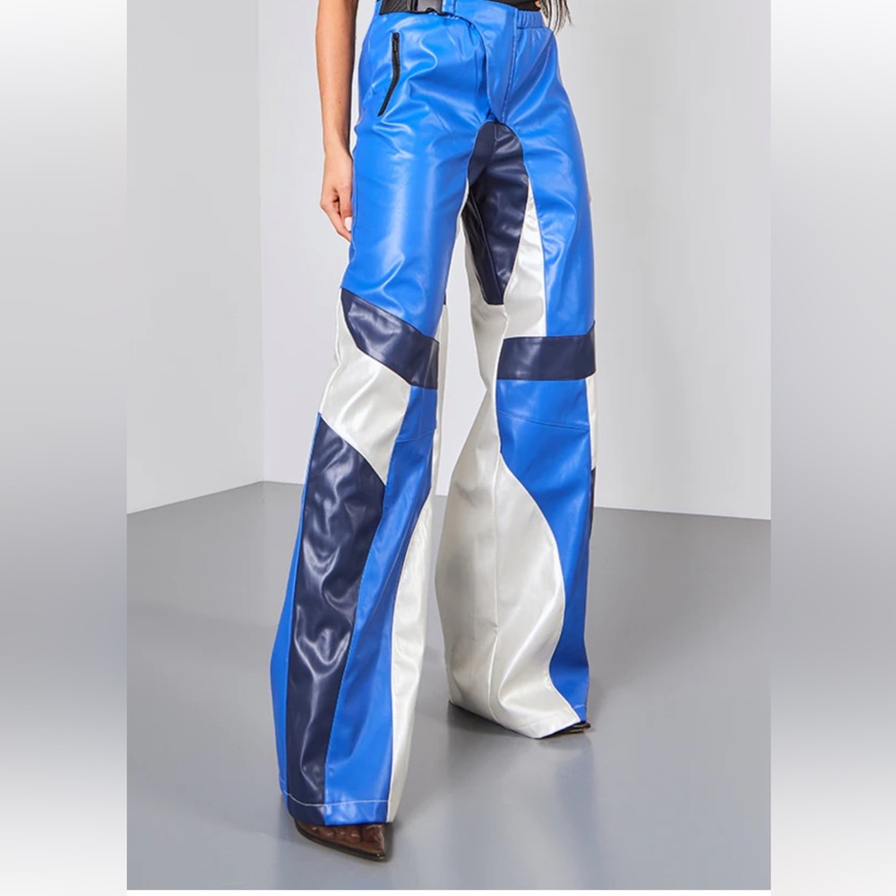 - Blue Faux Leather Panel Detail Motorcross Trousers